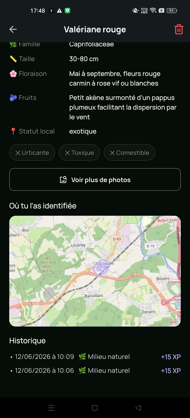 Carte des lieux d'identification et historique des observations